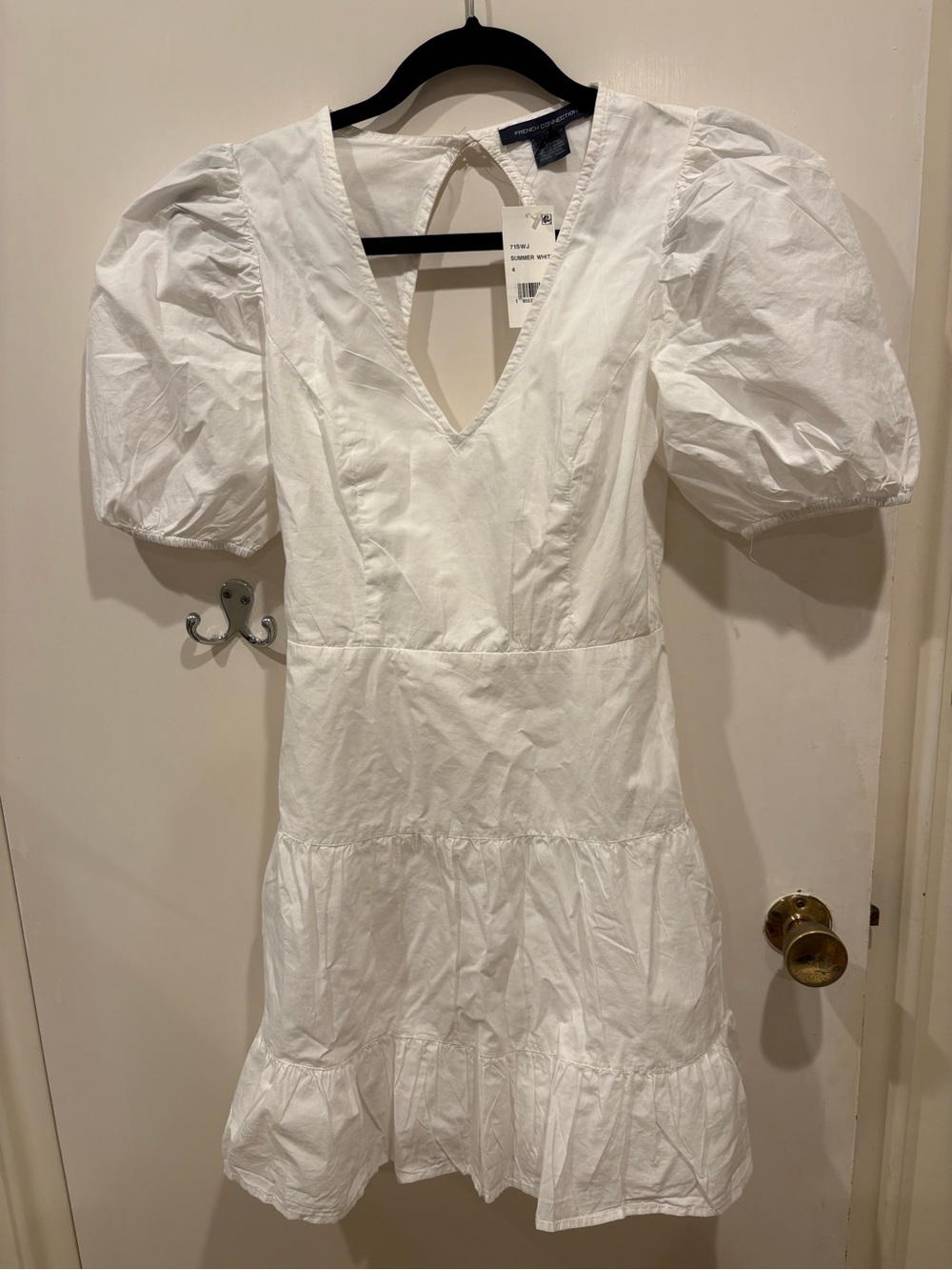 French Connection White Puff Sleeve V-Neck Mini Dress